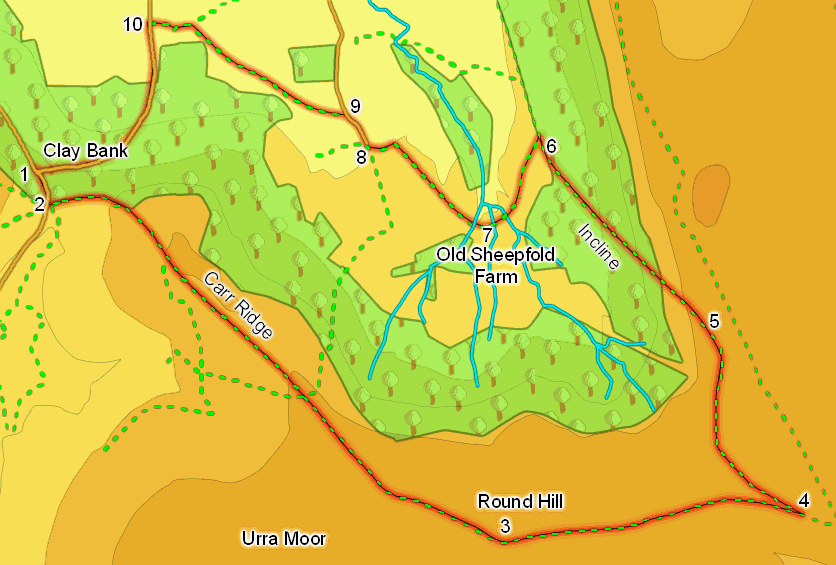 Map for a walk from Clay Bank to Round Hill and back via Greenhow Botton